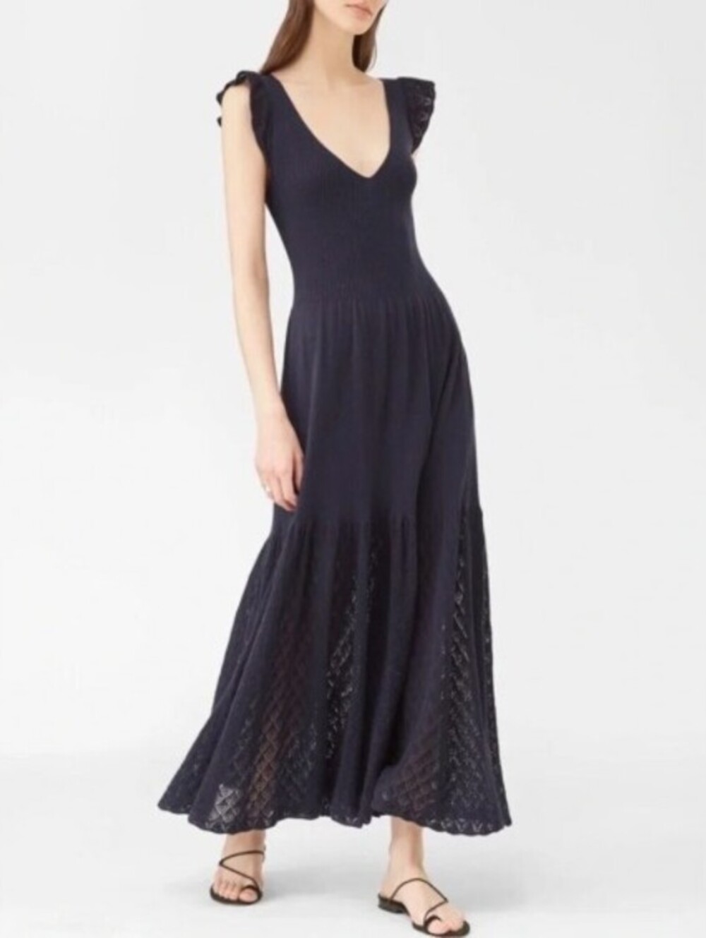 La Vie Rebecca Taylor Navy Pointelle Ribbed Knit Maxi Dress - Size - Medium